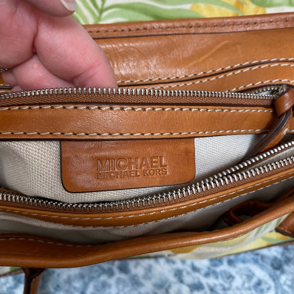 Michael Kors Tropical Leaf Canvas Bag with Leather Trim and Snap Closure - Picture 13 of 15